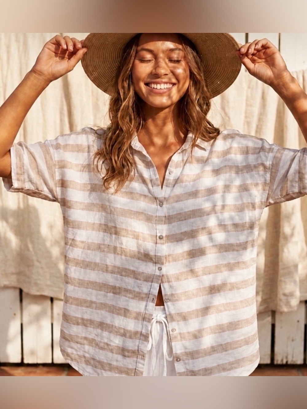 St Tropez Striped Linen Oversized medium tan white short sleeve blouse button up